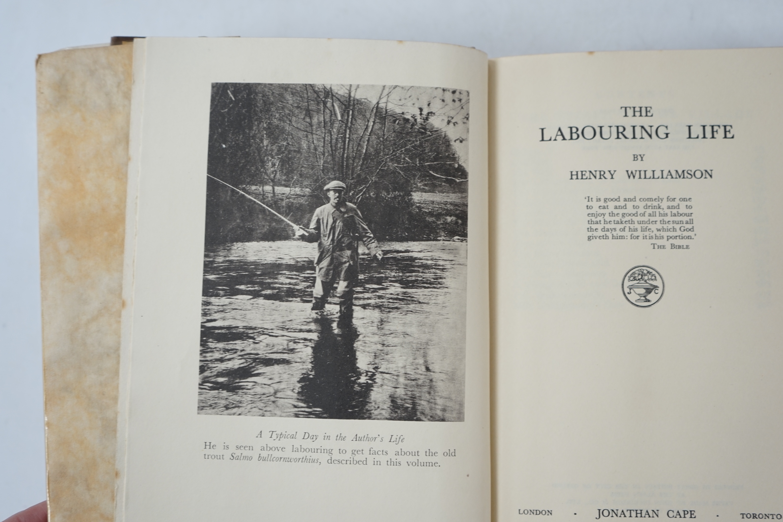 Williamson, Henry - The Labouring Life, Limited Edition (of 122 numbered copies, signed by the author). frontis., pictorial and outline coloured map on e/ps.; original vellum backed gilt cloth, gilt lettered spine and wi